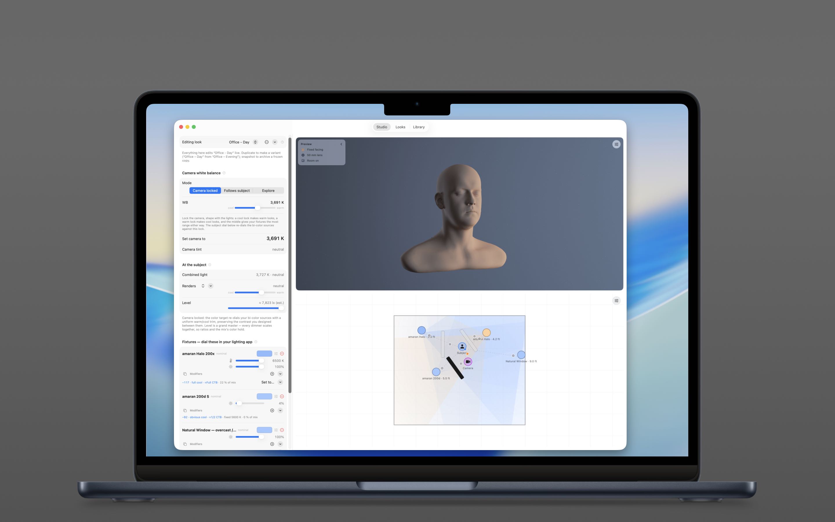 Studio — plan view — Top-down rig around the subject