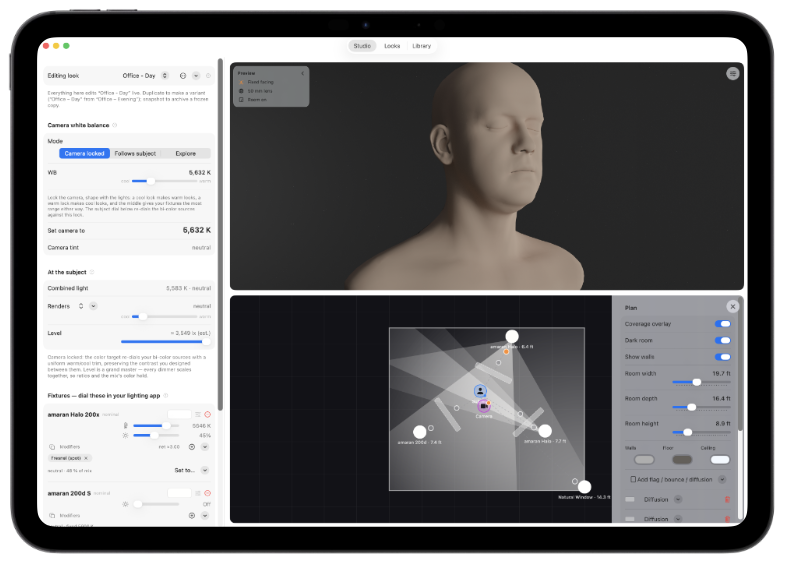 Northlight Studio: fixture controls on the left, a path-traced preview head and a top-down plan on the right. Placeholder preview.